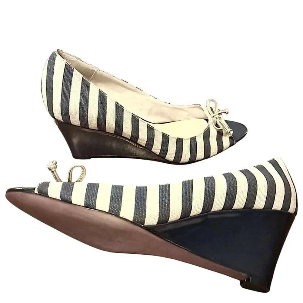 Kate Spade New York Melinda Canvas & Patent Leather Peep Toe Wedges Navy / Ivory